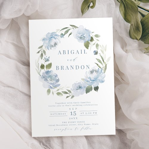 Romantic garden dusty blue floral wreath wedding invitation