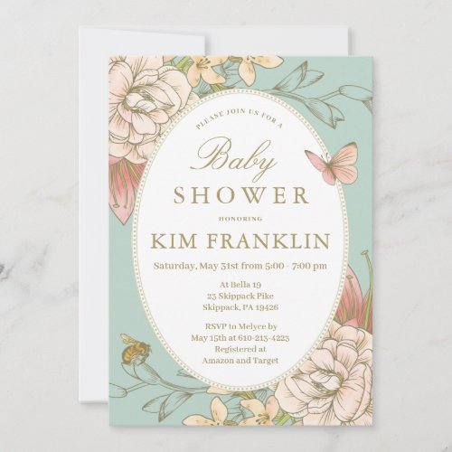 Romantic Garden Floral Baby Bee Boy Shower Invitation