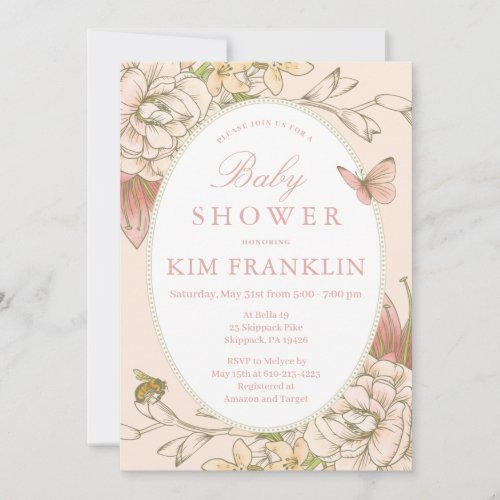 Romantic Garden Floral Baby Bee Girl Shower Invitation