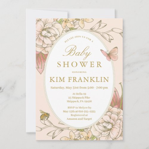 Romantic Garden Floral Baby Bee Girl Shower Invitation