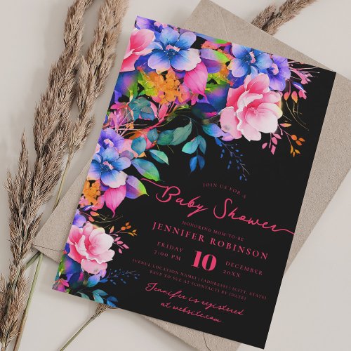 Romantic Garden Floral Baby Shower Party Black Invitation