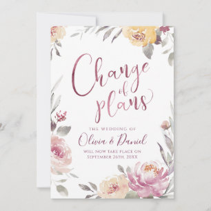 Romantic garden floral calligraphy change of plans invitation