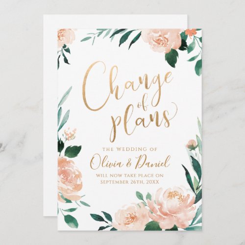 Romantic garden floral calligraphy change of plans invitation