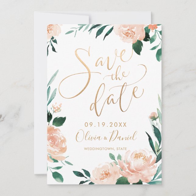 Romantic garden floral calligraphy save the date (Front)