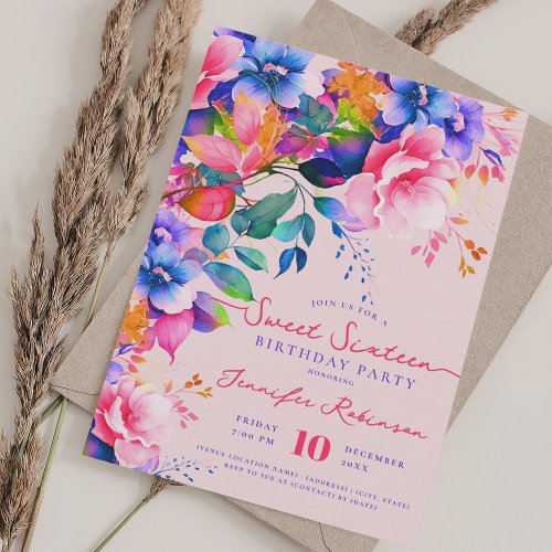 Romantic Garden Floral Sweet 16 Birthday Blush Invitation