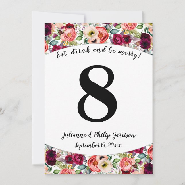 Romantic Garden Floral Wedding Table Number Card (Front)