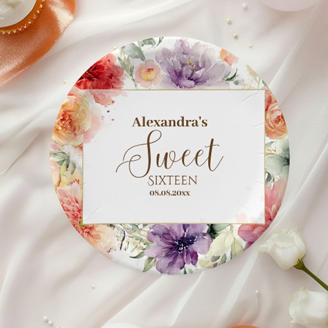 Romantic Garden Florals Sweet Sixteen Paper Plates (Creator Uploaded)