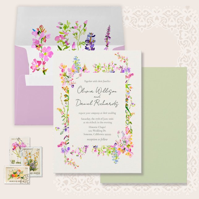 Romantic Garden Green Floral Wedding  Invitation (Garden Wildflowers Watercolor Wedding Invitations.)