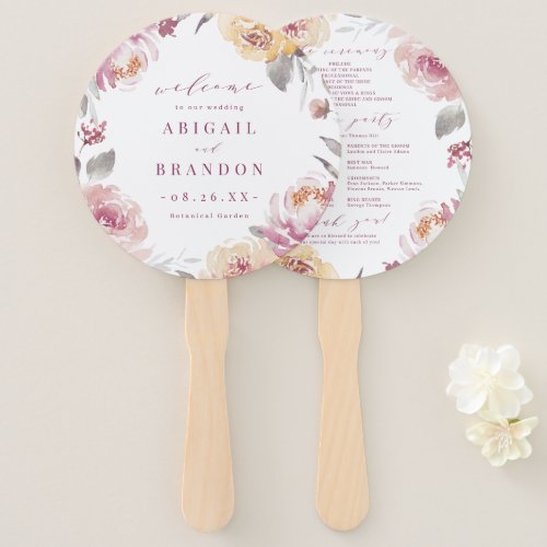 Romantic garden mauve floral wedding program hand fan