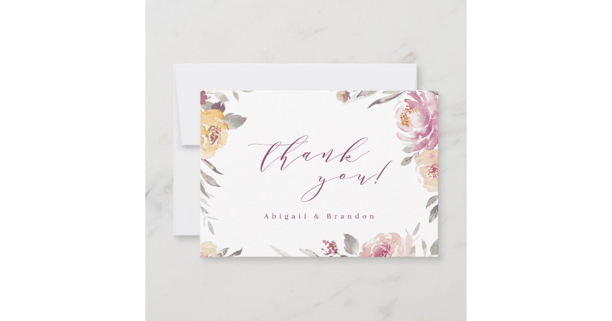 Romantic garden mauve floral wedding thank you card | Zazzle