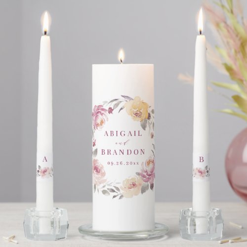 Romantic garden mauve floral wedding unity candle set