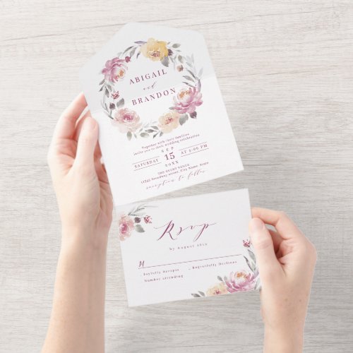 Romantic garden mauve floral wreath wedding all in one invitation