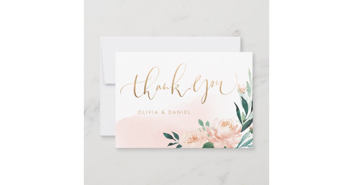 Romantic garden peach floral calligraphy thank you | Zazzle