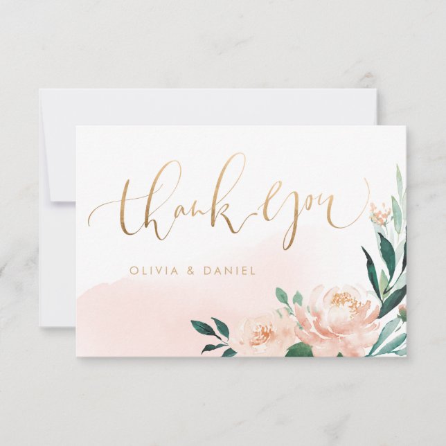 Romantic garden peach floral calligraphy thank you (Front)