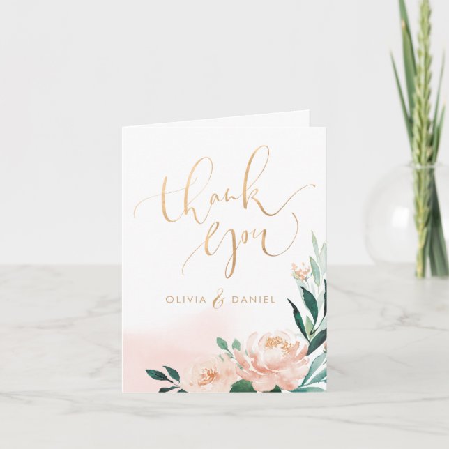 Romantic garden peach floral calligraphy thank you card (Front)