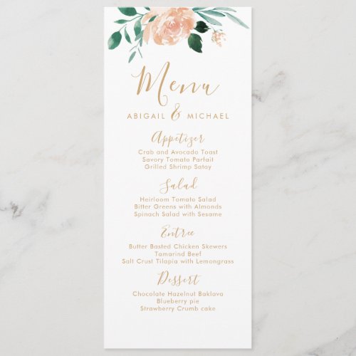 Romantic garden peach floral wedding menu