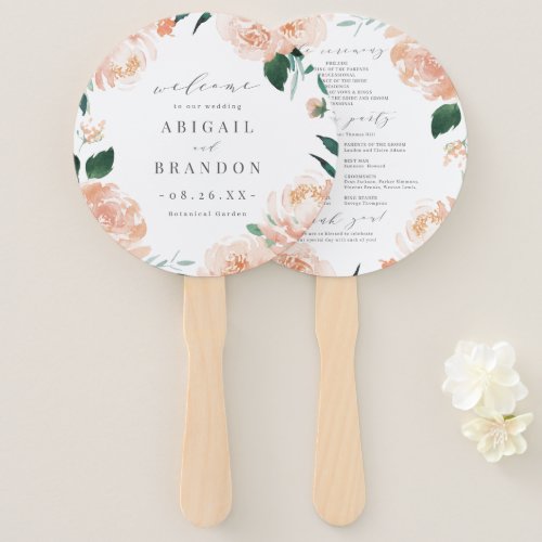 Romantic garden peach floral wedding program hand fan