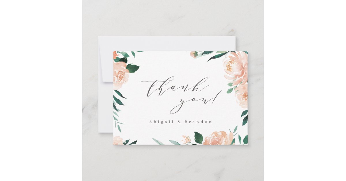 Romantic garden peach floral wedding thank you card | Zazzle
