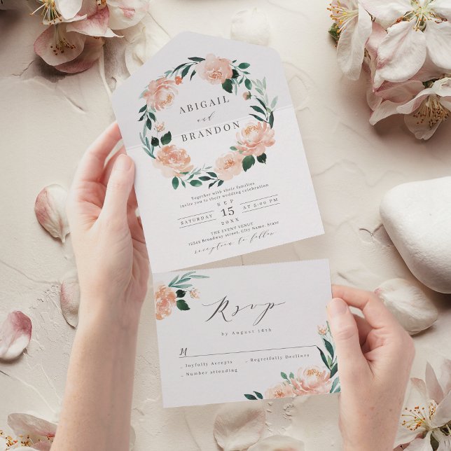 Romantic garden peach floral wreath wedding all in all in one invitation (Romantic garden peach floral wreath wedding all in all in one invitation)