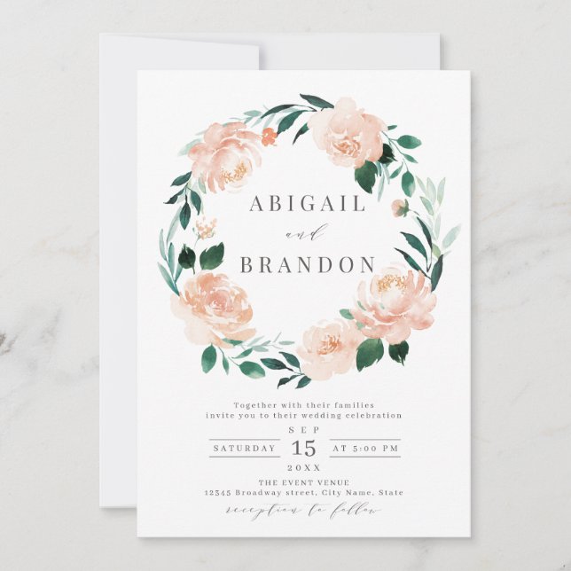 Romantic garden peach watercolor floral wedding in invitation (Front)