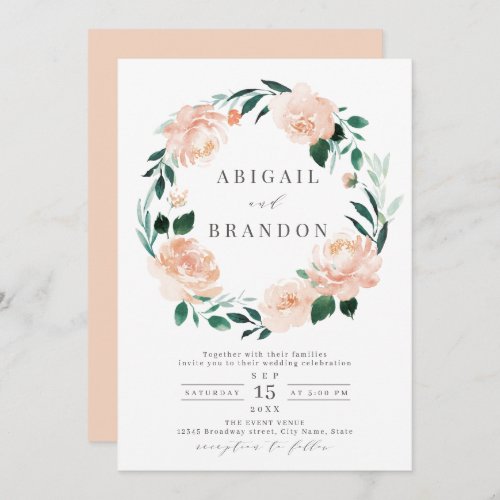 Romantic garden peach watercolor floral wedding in invitation