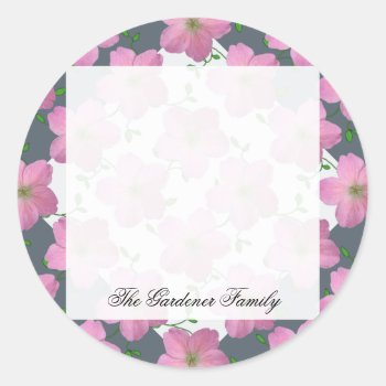 Romantic Garden Pink Geranium Flower On Any Color Classic Round Sticker by KreaturFlora at Zazzle