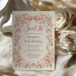 Romantic Garden Sweet 16 Pink Bow Invitation