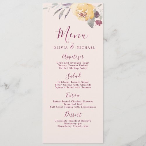 Romantic garden watercolor floral wedding menu