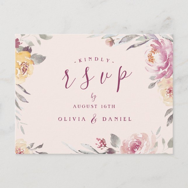 Romantic garden watercolor floral wedding RSVP Postcard (Front)