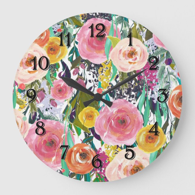 Romantic Garden Watercolor Flowers Large Clock (Front)