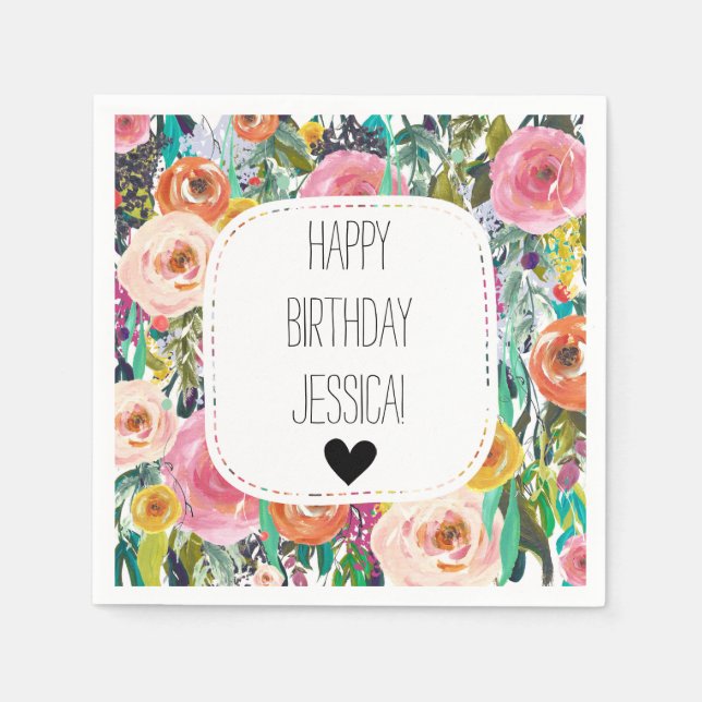 Romantic Garden Watercolor Flowers Paper Napkins (Front)