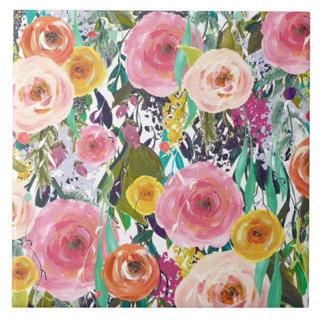 Romantic Garden Watercolor Flowers Tile (Front)