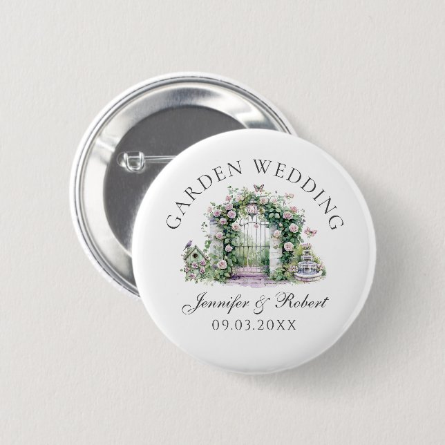 Romantic Garden Wedding Floral Arch Fountain Button (Front & Back)