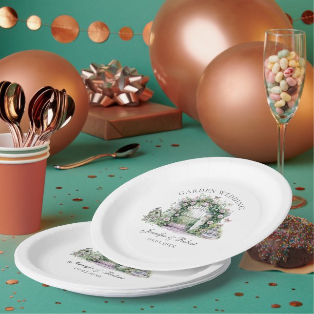 Romantic Garden Wedding Floral Arch Fountain Paper Plates (Multi)