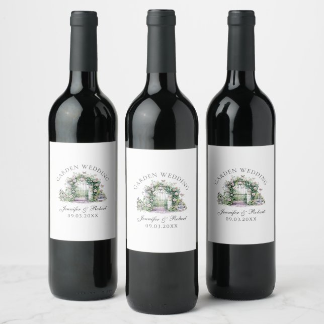 Romantic Garden Wedding Floral Arch Fountain Wine Label (Bottles)