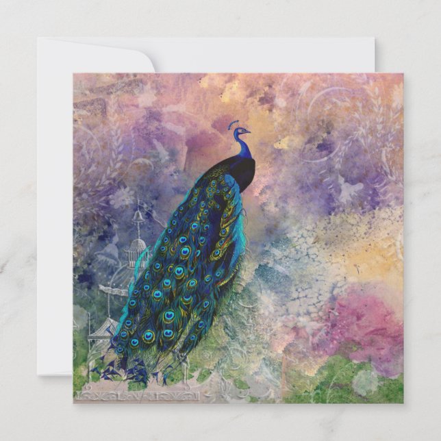 Romantic Gazebo Peacock and Watercolor Invitation (Front)