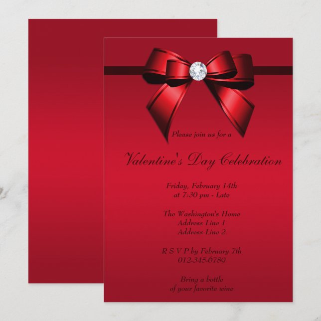 Romantic Gem Bow & Ribbon Valentine's Day Party Invitation (Front/Back)