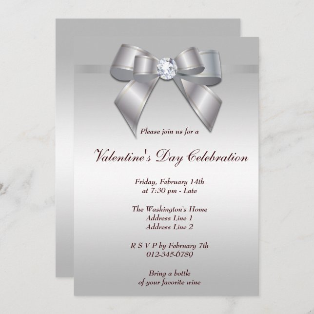 Romantic Gem Bow & Ribbon Valentine's Day Party Invitation (Front/Back)