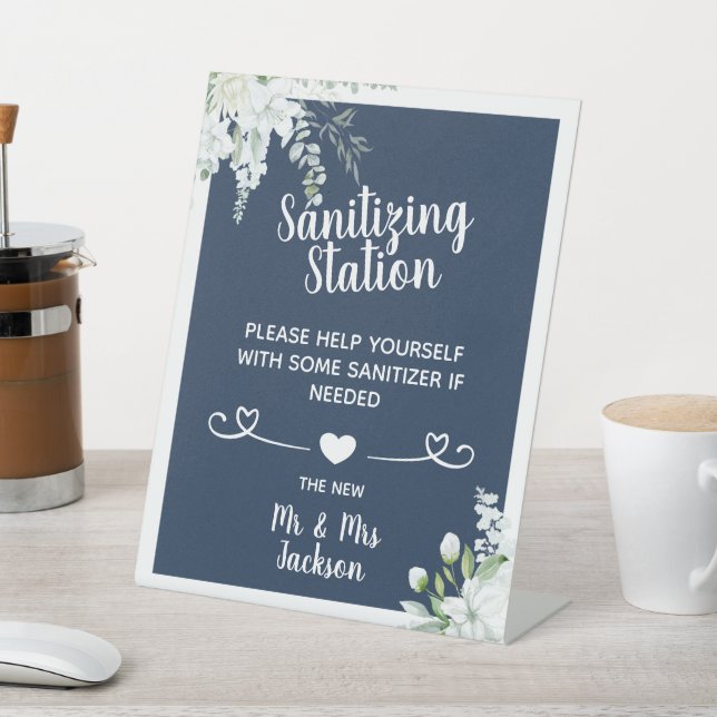 Romantic gentle flowers wedding covid sanitizing p pedestal sign (In SItu)