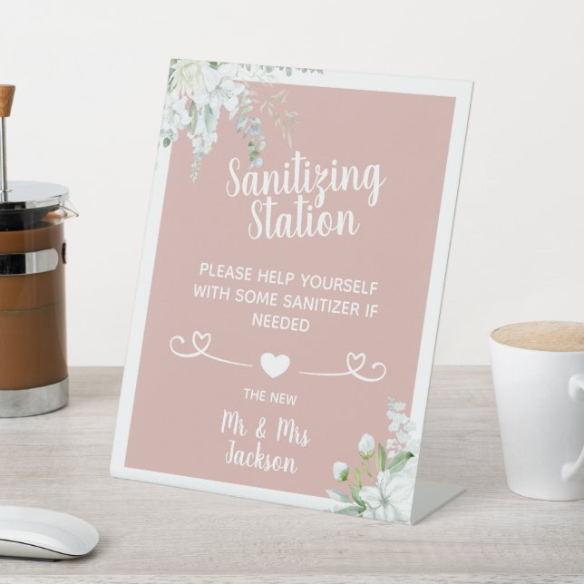Romantic gentle flowers wedding covid sanitizing p pedestal sign (In SItu)