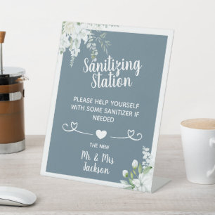 Romantic gentle flowers wedding covid sanitizing p pedestal sign