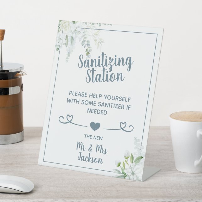 Romantic gentle flowers wedding covid sanitizing p pedestal sign (In SItu)