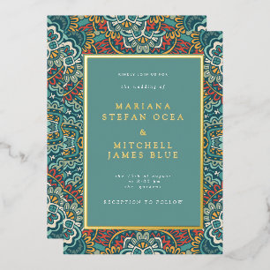 Romantic Geometric Mandala soft blue gray and red Foil Invitation