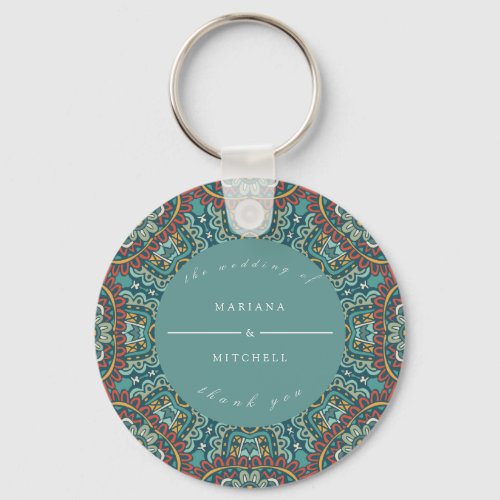 Romantic Geometric Mandala soft blue gray and red Keychain