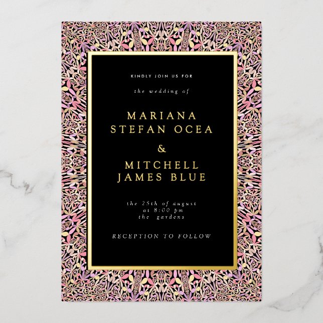 Romantic Geometric Mandala soft Pink Black Foil Invitation (Front)