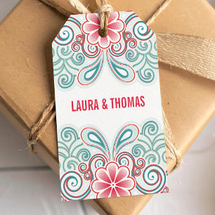 Romantic gift tag with flowers and swirls