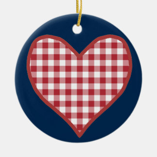 Romantic Gingham Hearts and Red Rose Ornament