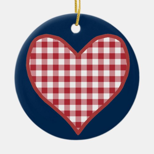 Romantic Gingham Hearts and Red Rose Ornament