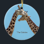 Romantic Giraffe Couple Portrait Name Ceramic Ornament<br><div class="desc">Romantic ornament featuring a portrait of two giraffes,  neck-to-neck,  head-to-head,  in an affectionate kissing pose against a bright blue sky. You can easily personalize with a couple's names,  creating a special gift that your special couple will enjoy for many holidays to come. Photo taken at San Diego,  California.</div>