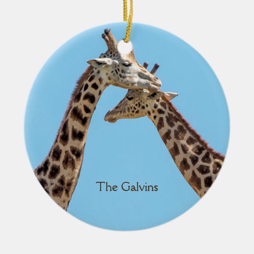 Romantic Giraffe Couple Portrait Name Ceramic Ornament